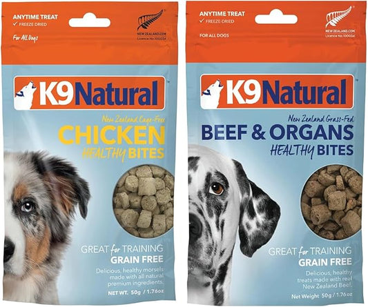 K9 Natural Freeze-Dried Single Ingredient Dog Treats, High-Value, Low-Calorie Protein Bites for Active Dogs, Healthy Dog Training Treats, Grain-Free Reward, Beef & Organs and Chicken, 1.76oz
