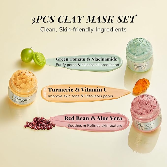 ANAI RUI 3 Pcs Pore Cleansing Face Mask Set Green Tomato Clay Mask - Turmeric Vitamin C Facial Mask Red Bean Refreshing Pore Mask, Relaxing Spa Gift Set Self Care for Women/Teens Girls 2.5 oz each