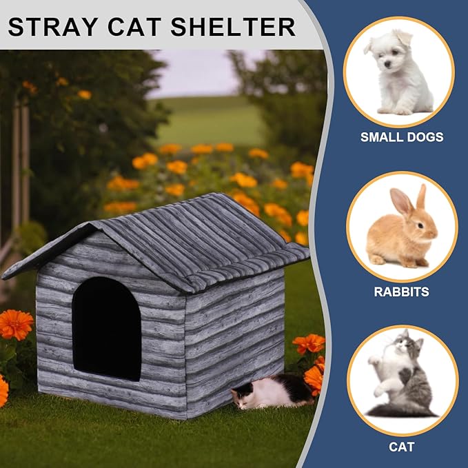 Outdoor Cat House Cat House for Outdoor and Indoor Use - Waterproof Shelter for Cats, Dogs, and Feral Animals (Grey Wood Color, Large)