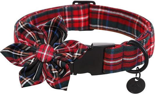 DOGWONG Dog Collar with Flower, Christmas Red Plaid Dog Collar Cute Red Checked Dog Collars for Small Medium Large Dogs