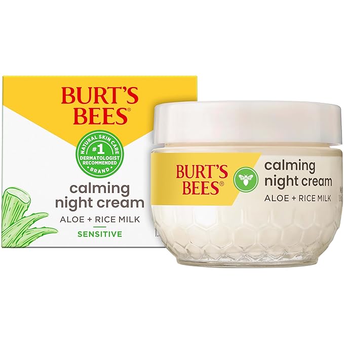 Burt's Bees Calming Night Cream With Aloe and Rice Milk, Face Moisturizer For Sensitive Skin Infuses Skin With Moisture While You Sleep, 98.8 Percent Natural Origin Skin Care, 1.8 oz. Tub