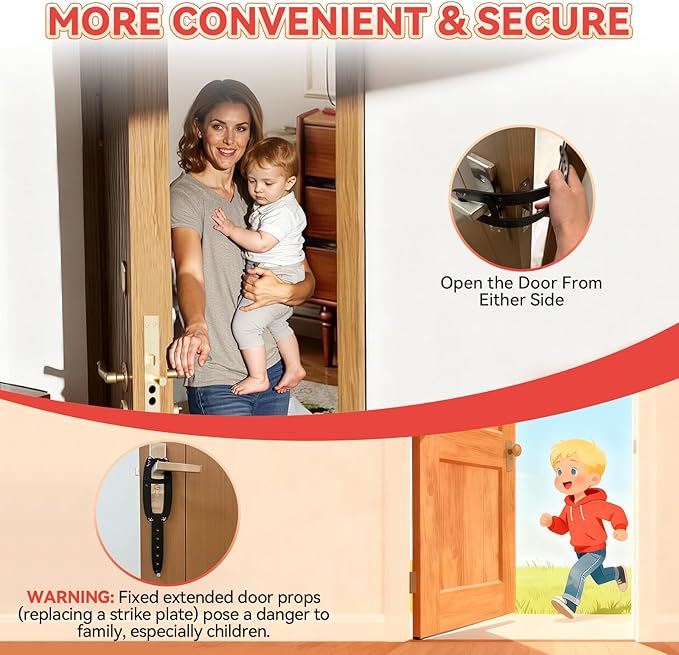 Cat Door Latch,2 Pcs Door Prop for Cats to Keep Dogs Out of Litter Box and Food, Preventing Hand Pinching, Cat Door Stopper with 6 Adjustable Straps 2.5-6.5" Wide, Including Door Plate, Black
