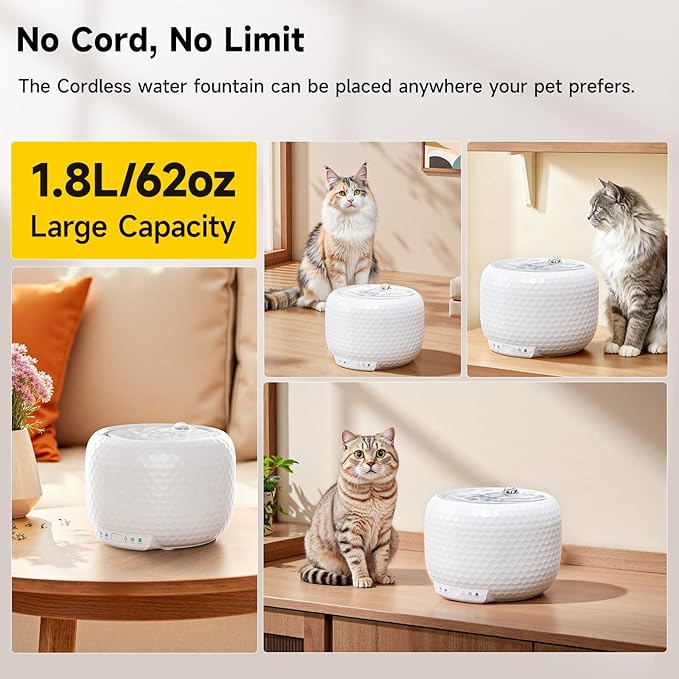 Cordless Cat Water Fountain with 5200mAh Battery, 1.8L/62oz Wireless Pet Fountain for Cats and Small Dogs, Ultra-Quiet Pump with 2 Flow Modes, White (ABS)