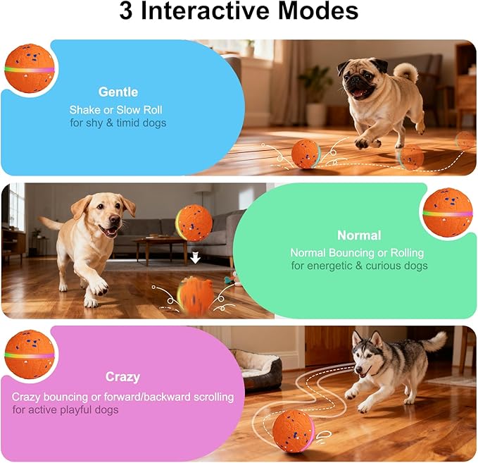 Interactive Dog Toys Dog Ball, Durable E-TPU Material,3 Play Modes with Colorful Lights, Automatic Moving, Bouncing and Rotating for Medium and Large Dogs Indoor & Outdoor (Orange)