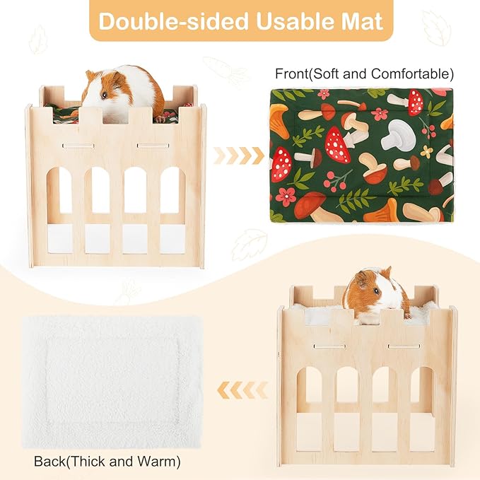 Bienbee Guinea Pig Hideout, Large Wooden Guinea Pig House with Soft Mat for Small Animals Bunny Hamster Chinchilla Ferret Rabbit Hedgehog Squirrel Guinea Pigs Accessories