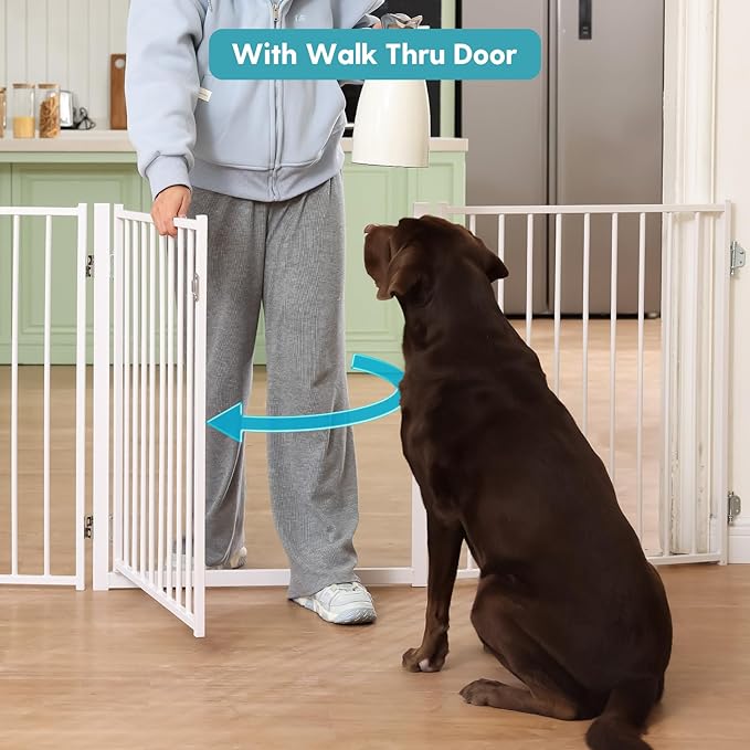 No Pawblems Free Standing Dog Gate with Door, 30'' Tall Foldable Dog Fence for Indoor & Outdoor, Up to 208 Inch Extra Wide Puppy Gate for Stairs, Hallways, Doorways, Deck, Yard (White, 8 Panels)