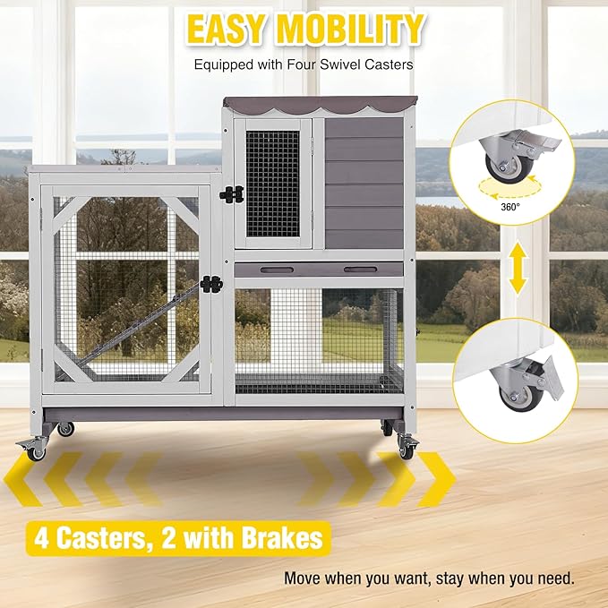 Aivituvin 39.3" Large 2-Story Large Rabbit Hutch Indoor Rabbit cage Wooden Bunny Cage with Chew-Proof Ramp, Leak-Proof Tray, Lockable Wheels for 2-4 Rabbits, Guinea Pigs (Grey)