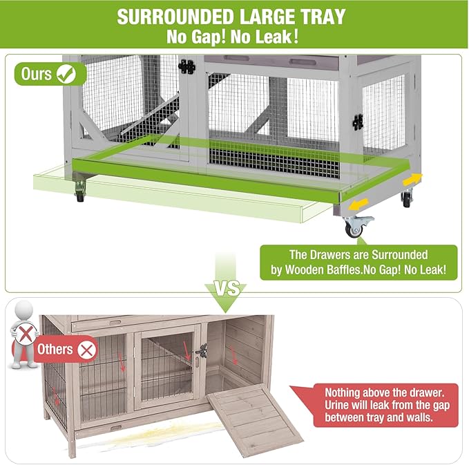 GUTINNEEN Rabbit Hutch Indoor Rabbit Cage with Wheels Outdoor Bunny House 2 Story Guinea Pig Cage with Leakproof Tarp Roof (Grey)