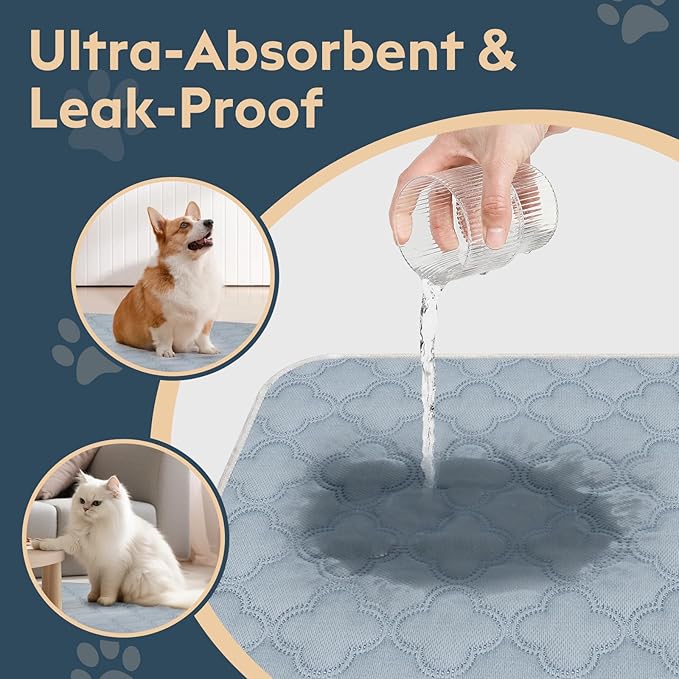 Washable Super Absorbent Pee Pads - 2 Pack Reusable Waterproof Pet Training Pads with Paw Shape Non-Slip Backing (Light Grey, 36" x 48")