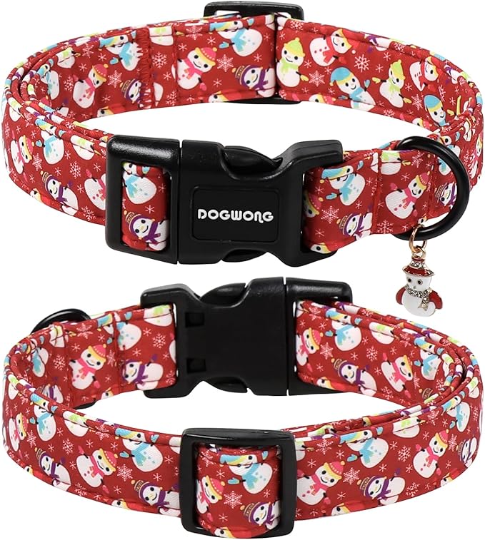 DOGWONG Red Christmas Dog Collar, Cute Snowman Dog Collar Durable Soft Fabric Pet Dog Collars Boy Puppy Necklace for Small Medium Large Dogs,Large
