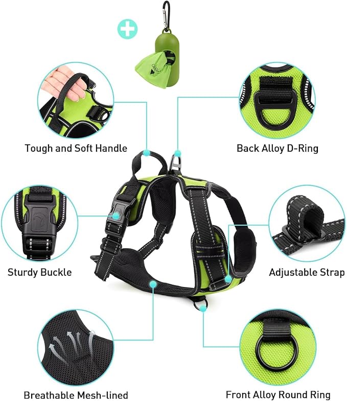 Joytale No Pull Dog Harness for Extra Large Dogs, Reflective Pet Vest with Front Clip, Adjustable Soft Padded Harnesses with Easy Control Handle for Training and Walking, Green, XL
