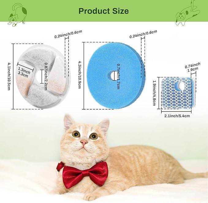 10 Pack Cat Fountain Filter Replacement for Square 2.2L/73oz Automatic Pet Water Fountain, Stainless Steel Cat Water Fountain Filters, Triple Filtration System, Activated Carbon Filters