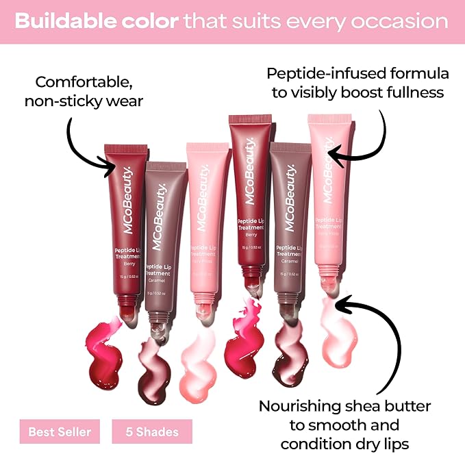 MCoBeauty - Peptide Lip Treatment - Caramel - Nude Brown Shade - High Gloss Peptide Lip Balm & Plumper with Shea Butter - Hydrating Conditioning Lip Glaze for Soft Smooth Lips - Cruelty Free