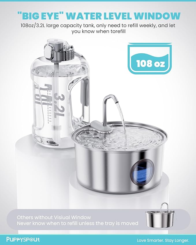 Cat Water Fountain Stainless Steel - 108oz/3.2L Automatic Cat Water Fountain for Drinking with 3 Pcs Filters, Metal Pet Water Fountain Water Dispenser for Cats, Puppy Dogs, Multiple Pets