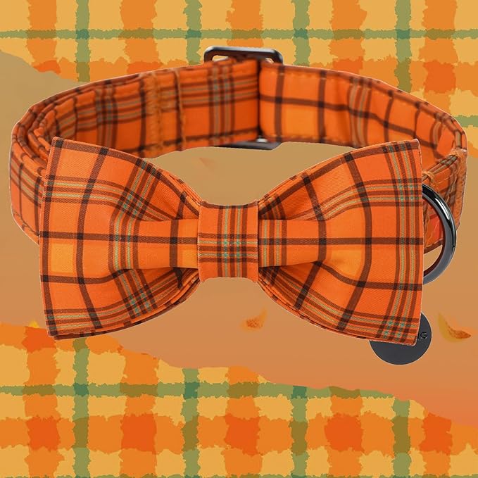 DOGWONG Fall Orange Plaid Dog Collar with Bowtie- Cute Designer Fall Checkered Dog Collars Adjustable Halloween Bowtie Dog Collar for Small Medium Large Dogs M