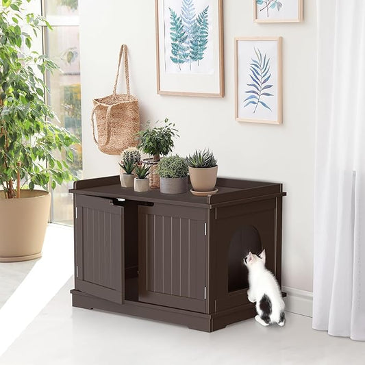 Cat Litter Box Enclosure Furniture Wooden w/Adjustable Divider, Indoor Cat House Storage Cabinet,End Table,for Large Cats (Brown)