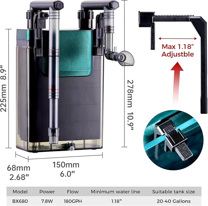 180GPH Hand on Filter for Aquariums，20-40 Gallon，Silent Multi-Stage Filtration for Fish Tank，Or Ultra-Low Water Level Turtle Tank，Increase Water Flow and Oxygen Power Filter