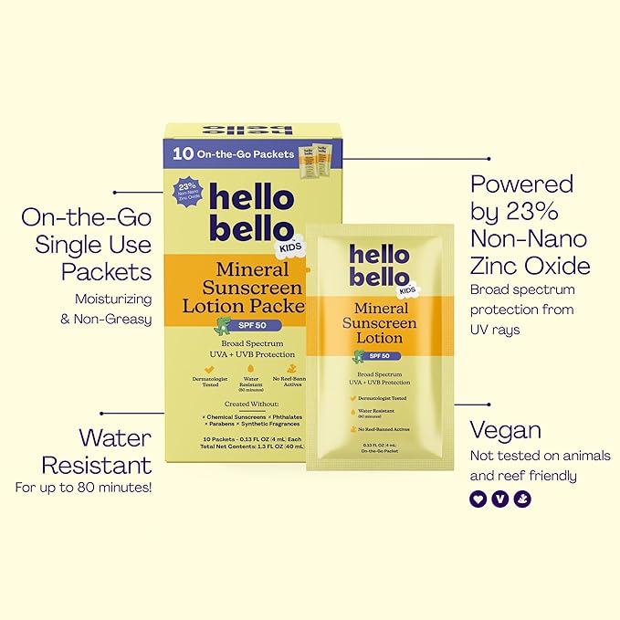 Hello Bello Kids SPF 50 Mineral Sunscreen Lotion - 10 Count Travel Packets - Water Resistant Broad Spectrum UVA + UVB Sun Protection
