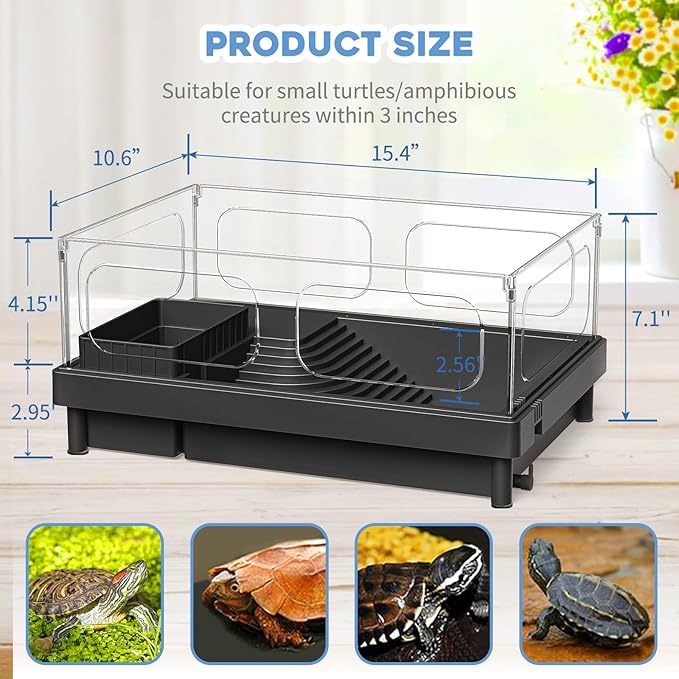 Small Turtle Tank, Aquarium, Acrylic Terrarium with Basking Platform, Bottom Drainage, Multi-Function Areas for Turtles, Crabs, Crayfish, Reptiles.(Black+Filter)