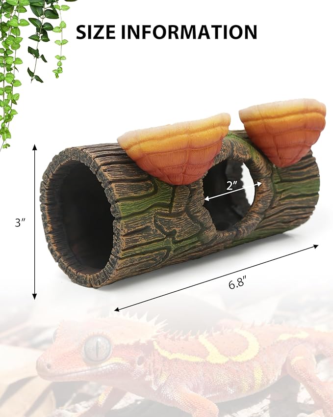 2 in 1 Magnetic Crested Gecko Hide, Reptile Hideout & Water Dish Food Bowl, Resin Hollow Log Cave, Reptile & Amphibian Habitat Hideouts, Terrarium Decor