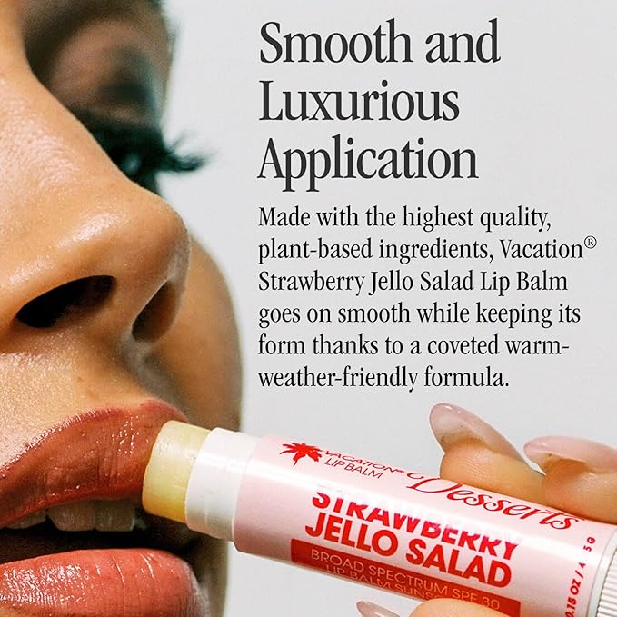 Vacation Strawberry Jello Salad SPF 30 Lip Balm, Hydrating Sunscreen for Lips, Water-Resistant, Lightweight, Transparent Sheen, Vegan Formula Made without Beeswax (Pack of 3)