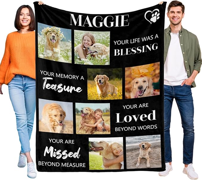 Custom Throw Mermorial Blanket with Dog Cat Pet Pictures & Name, Dog Memorial Blanket Personalized Memory Gift for Family and Friends Customized Bed Throw Blanket Sympathy Remembrance Made in USA