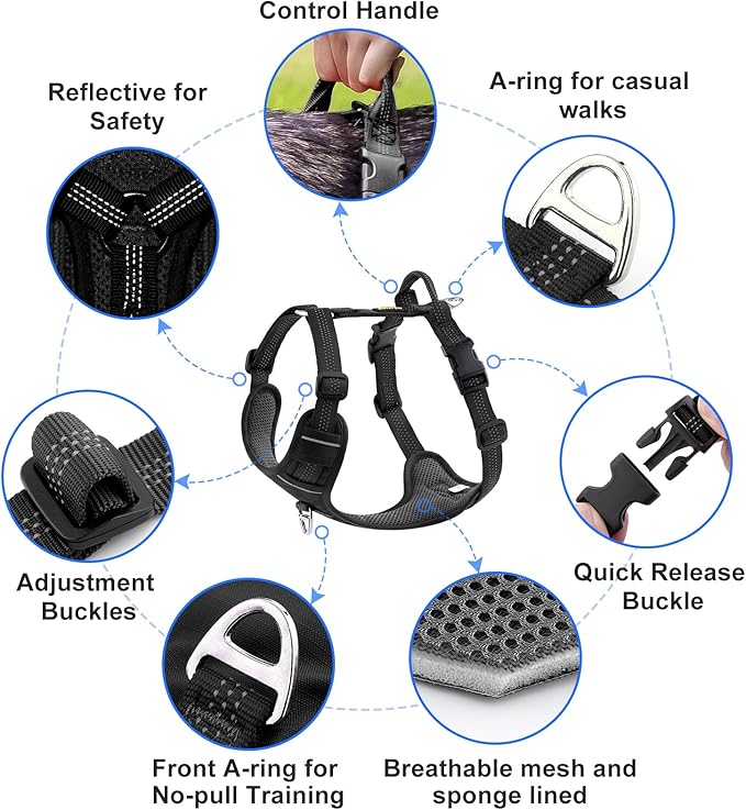 Plutus Pet No Pull Dog Harness, Reflective Adjustable Dog Vest Harness with Handle, Escape Proof, Soft Padded for Small Medium Large Dogs (Black, XL)