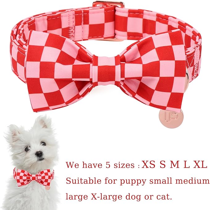 Red and Pink Plaid Dog Collarwith Bow Tie– Adjustable Red & Pink Checkered Dog Collar for Small Medium Large Dogs, Soft Xmas Plaid Puppy Collars with Quick Release Buckle XS