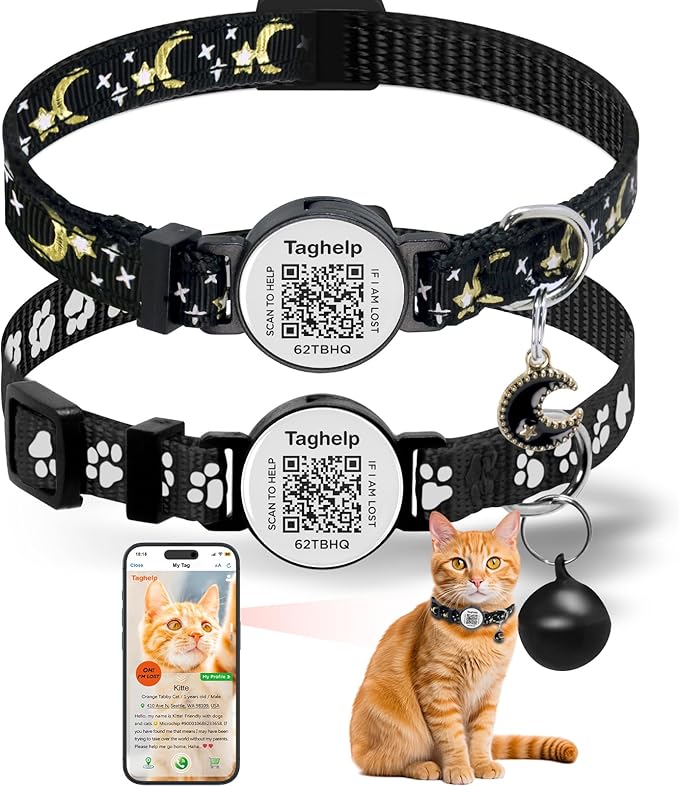 2 Pack Airtag Cat Collar, Breakaway Cat Airtag with Smart ID tag & QR Code Reflective (Star Moon & Paw Pattern - Black, Collar Only)
