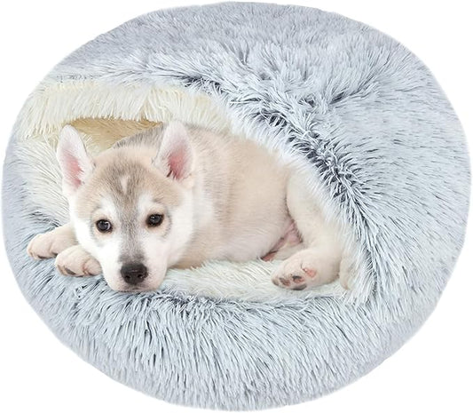Calming Cat Beds, Fluffy Plush Round Cat Cave Washable, Cozy Warming Anti-Slip Small Dog Bed for Puppy and Kitten, Soft Anti Anxiety Pet Nest (28×28 inch, Grey)