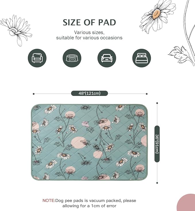 IEUUMLER Washable Pee Pads for Dogs, 2 Pack Non-Slip & Waterproof Pack Whelping Pad, Reusable Washable Puppy Potty Training Pad with Fast Absorbent for Playpen EU007 (Green Daisy, 36"X48"-2pcs)