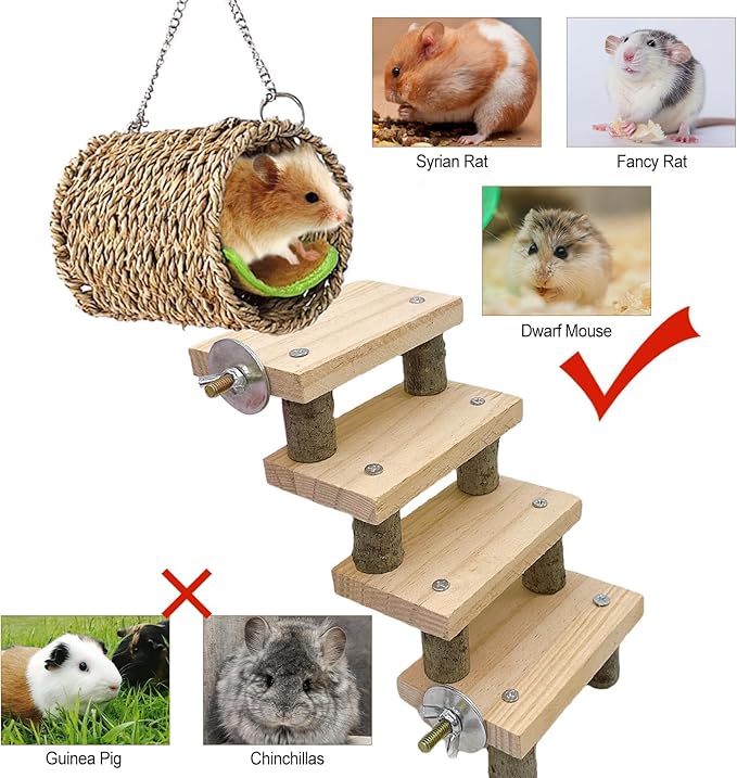Hamiledyi Hamster Climbing Ladder Wood Stair and Hanging Hammock Set Wooden Molar Toys Cage Accessories for Syrian Hamster Gerbil Mice