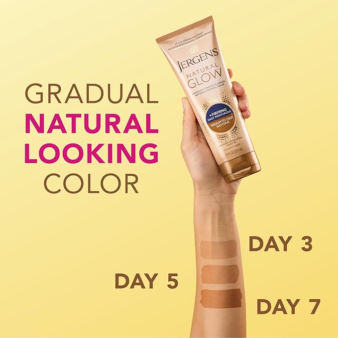 Jergens Natural Glow +Firming Self Tanner Body Lotion,Medium to Deep Skin Tone,Sunless Tanning Moisturizer with Collagen and Elastin,Helps to Visibly Reduce Cellulite,7.5 Oz,(Pack of 4)