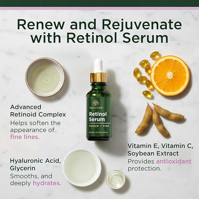 Tree of Life Beauty Retinol Serum, Skin Smoothing Face Oil for Dark and Age Spots and Fine Lines, Facial Serums for Dry and Sensitive Skin Care with Hyaluronic Acid for Soft Skin, 2 Fl Oz (pack of 2)