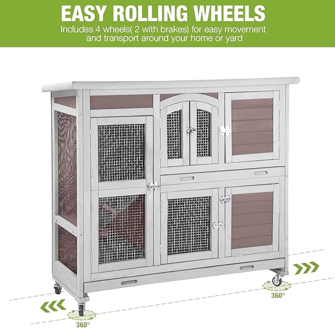 GUTINNEEN Rabbit Hutch Indoor Outdoor Bunny House Guinea Pig Cage on Wheel with Plastic Tray (Brown)