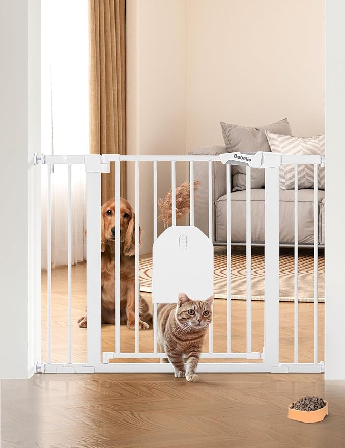 Babelio Auto Close Baby Gate with Cat Door,29-43" Metal Gate for Doorway,Stairs, House,Easy Walk Thru with Pet Door,Includes 4 Wall Cups and 3 Extension Pieces,White