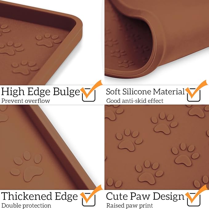 Ptlom Pet Placemat for Dog and Cat, Waterproof Silicone Pet Feeding Bowl Mats for Food and Water, Small Medium Large Dogs Mat Prevent Residues from Spilling to Floor, Brown, 31.5" 23.6"