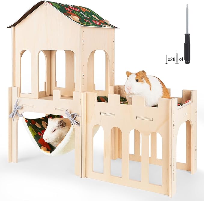 Bienbee Guinea Pig Hideout, 3 Pcs Large Wooden Guinea Pig Castle with Hammock and Mat, Detachable Guinea Pigs House for Bunny Hamster Chinchilla Ferret Rabbit Guinea Pigs Accessories
