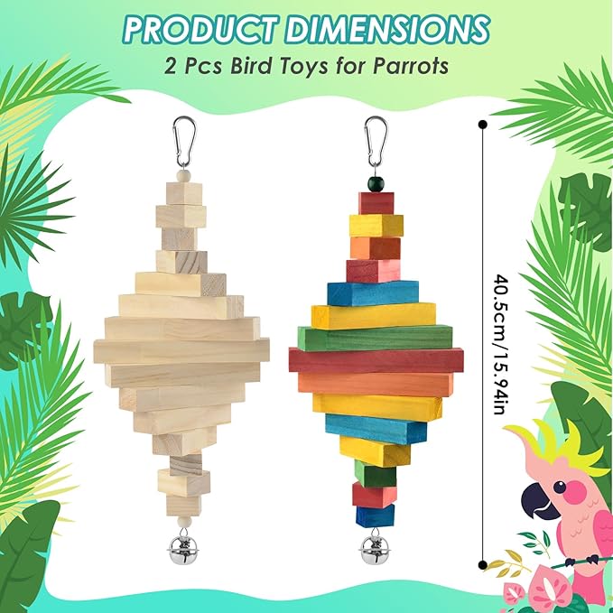 2 Pcs Large Bird Toys, Colorful Natural Wood Block Parrot Chew Sticks Toy with Bell for Amazon, African Greys, Eclectus Parrots, Macaws Chewing Tearing