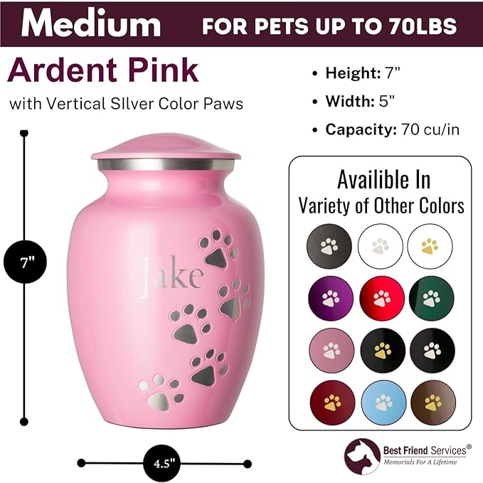 Pet Urn for Dogs and Cats with Personalized Laser Engraving, Ottillie Paws Premier Series Memorial Urns (Medium Ardent Pink with Vertical Pewter Paws)