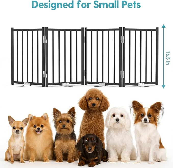 No Pawblems Free Standing Short Dog Gate, 16.5'' Tall Foldable Dog Fence for Indoor & Outdoor, Up to 72 Inch Extra Wide Puppy Gate for Stairs, Hallways, Doorways, Deck, Yard (Black, 6 Panels)
