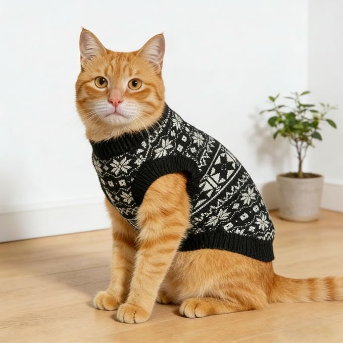 Cat Jumpers for Cats Only-Soft Warm Knitted Cat Sweater,Fair Isle Cats Jumper,XS Kitten Jumper,Kitten Winter Clothes & Pet Sweater for Kittens(Black & White Jacquard,Fair Isle Pattern).(M)