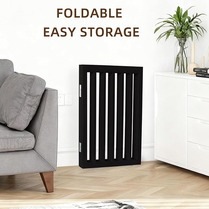 ZJSF Freestanding Indoor Dog Gate for House Foldable Wood Black Puppy Gate for Doorways Pet Gate for Stairs Extra Wide Pet Fence 24" Height 4 Panels