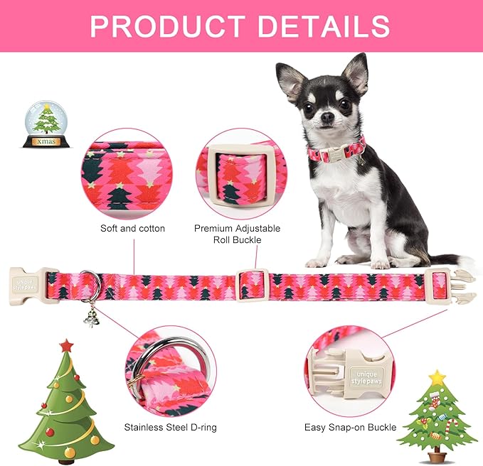 Unique Style Paws Christmas Dog Collar Plastic Buckle with Pendant Pink Green Christmas Tree Cotton Puppy Collars for Small Medium Large Dogs