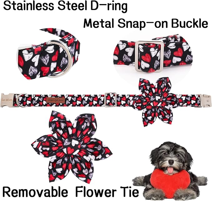 Unique style paws Valentine's Day Dog Collar with Flower Tie Black & Red Heart Puppy Collar Best Gothic Style Gift for Small Medium Large Boys Girls-L