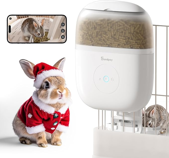 Hanging Automatic Rabbit Feeder with 1080P Camera, 62oz Storage, Multiple Pet Cage Compatibility, Customized Feeding Schedule- Perfect for Ferrets, Cats, Guinea Pigs, Chinchilla and Hedgehog