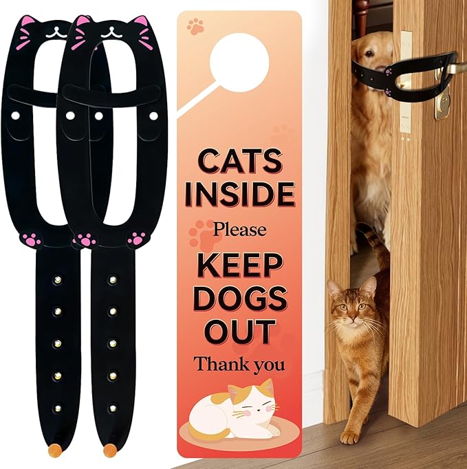 Cat Door Latch,2 Pcs Door Prop for Cats to Keep Dogs Out of Litter Box and Food, Preventing Hand Pinching, Cat Door Stopper with 6 Adjustable Straps 2.5-6.5" Wide, Including Door Plate, Black