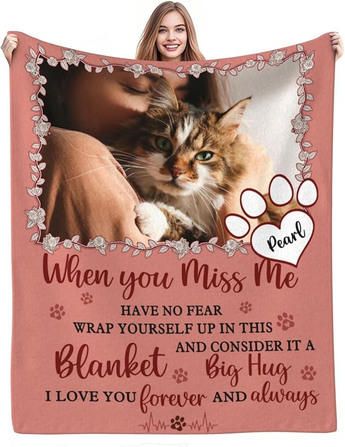 Custom Pet Memorial Blanket with Photo,Personalized Dog/Cat Loss Sympathy Gift,Pet Loss Bereavement Remembrance Gifts,Flannel Throw Blanket with Pictures (Dark Pink)
