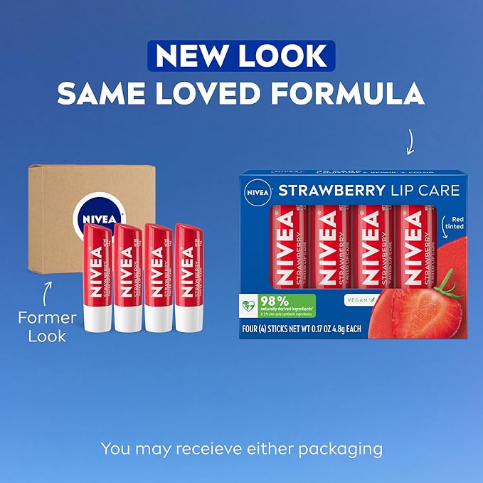 NIVEA Strawberry Lip Care, Red Tinted Lip Balm Pack with Shea Butter, Nourishing Oils and Vitamin C & E, 3-in-1 Moisture, Repair and Color, 0.17 Oz Stick, Pack of 4