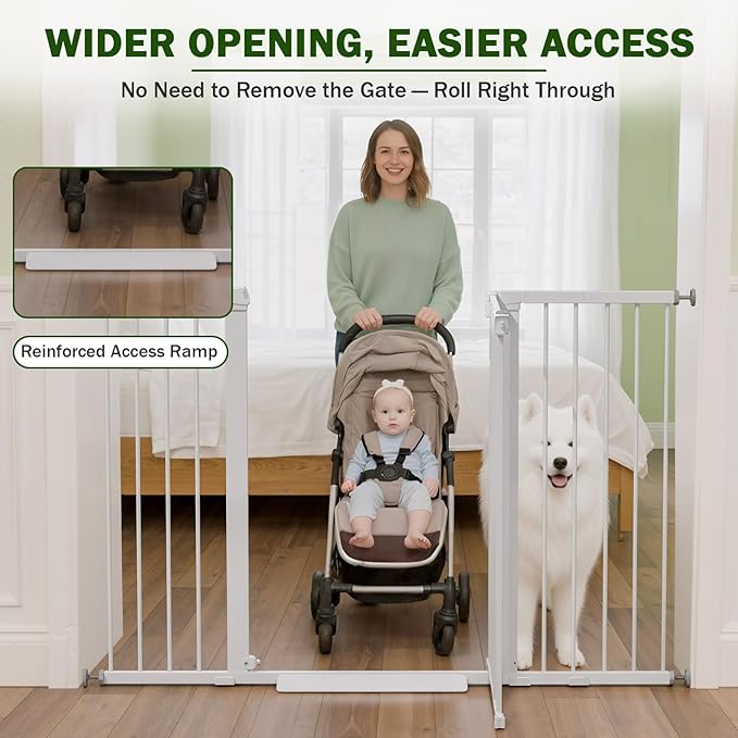 Mumeasy 36" Extra Tall Baby Gate for Doorways, 29.7"-57" Extra Wide Dog Gate for Stairs, Pressure Mounted Auto Close Pet Safety Gate with Easy Walk Thru Door, Large Indoor Child Gate for House, White